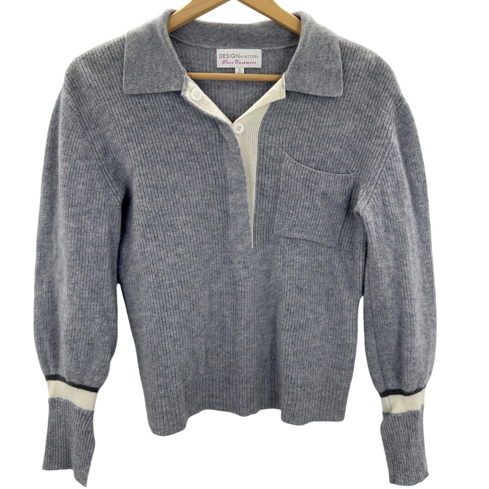 Design History Pure Cashmere Ribbed Polo Sweater Grey Blue Small Button Luxury